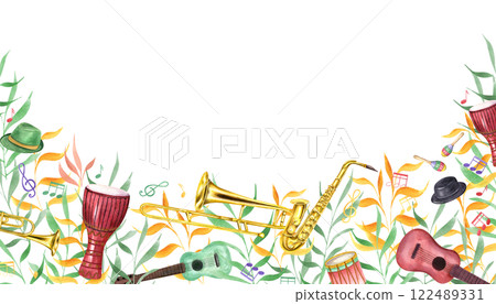 Watercolor carnival musical instruments, musical notes among abstract green orange leaves rectangle frame isolated background. Brazilian, Mardi Gras festival illustration with empty space for text 122489331