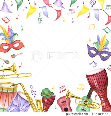 Watercolor Mardi gras carnival accessories, music instruments, musical notes square frame with empty space for text. Festival mask with feathers, ribbons, hats. Holiday illustration for invitation Watercolor Mardi gras carnival accessories, music instruments, musical notes square frame with empty space for text. Festival mask with feathers, ribbons, hats. Holiday illustration for invitation 122489334