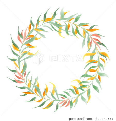 Watercolor green, orange leaf branches wreath isolated background. Abstract holiday foliage illustration with empty space for text. Round floral frame for greeting cards, invitation, kid birthday Watercolor green, orange leaf branches wreath isolated background. Abstract holiday foliage illustration with empty space for text. Round floral frame for greeting cards, invitation, kid birthday 122489335