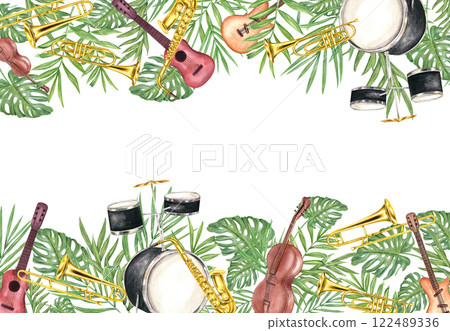 Watercolor percussion, string and wind musical instruments among palm, monstera plants horizontal frame. Saxophone, trombone, trumpet, guitar, contrabass, drum kit with tropical green leaves Watercolor percussion, string and wind musical instruments among palm, monstera plants horizontal frame. Saxophone, trombone, trumpet, guitar, contrabass, drum kit with tropical green leaves 122489336