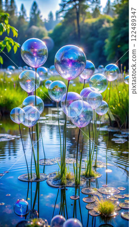 soap bubbles floating in the lake 122489347