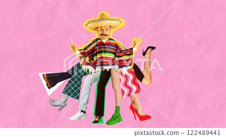 Surreal artwork. Man in vibrant poncho and sombrero, surrounded by diverse legs in motion, embodying confident leadership and cultural diversity. Surreal artwork. Man in vibrant poncho and sombrero, surrounded by diverse legs in motion, embodying confident leadership and cultural diversity. 122489441