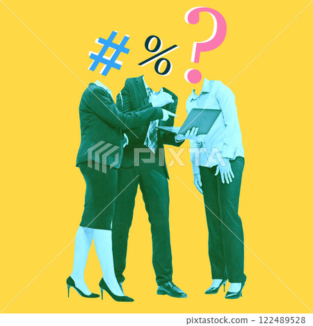 Modern artwork. Business professionals engaged in discussion with heads replaced by symbols representing data-driven collaboration. Modern artwork. Business professionals engaged in discussion with heads replaced by symbols representing data-driven collaboration. 122489528