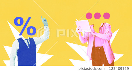 Modern artwork. Man in formal attire with percentage symbol head pointing at woman with three dots instead of head as she holds tablet, symbolizing finance. 122489529