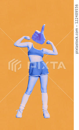Conceptual art design. Athletic woman in workout outfit flexing arms with head replaced by thumbs-up hand symbolizing confidence and strength. 122489556