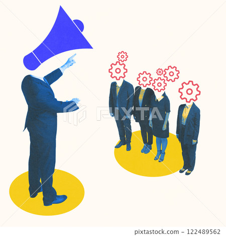 Conceptual art design. Business leader in suit pointing forward with head replaced by megaphone while group of employees with gear-shaped heads listens. Conceptual art design. Business leader in suit pointing forward with head replaced by megaphone while group of employees with gear-shaped heads listens. 122489562