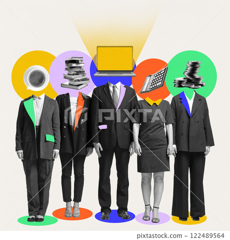 Conceptual art design. Group of business professionals standing in line with heads replaced by symbolic objects as business organization. Conceptual art design. Group of business professionals standing in line with heads replaced by symbolic objects as business organization. 122489564