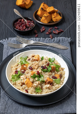 quinoa pumpkin salad in a bowl, top view quinoa pumpkin salad in a bowl, top view 122489611