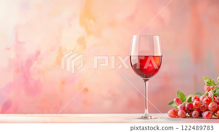 On a table sits a glass filled with red wine and a bunch of grapes, copy space 122489783