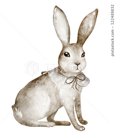 Bunny cute Watercolor illustration. Hand drawn artwork of a cute rabbit. Drawing of rabbit for childish greeting cards or baby shower invitations. Sketch hare on isolated background. 122489832