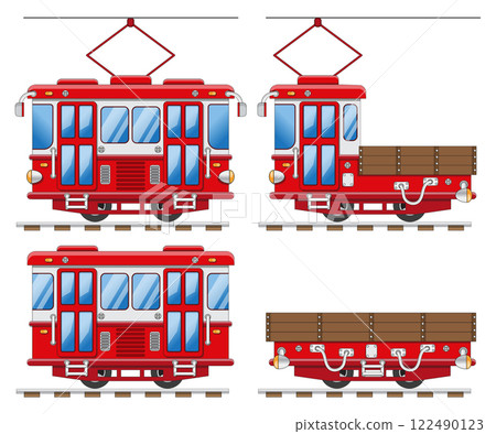 A set of funny trams. Isolated on white background. Side view. Vector illustration. A set of funny trams. Isolated on white background. Side view. Vector illustration. 122490123