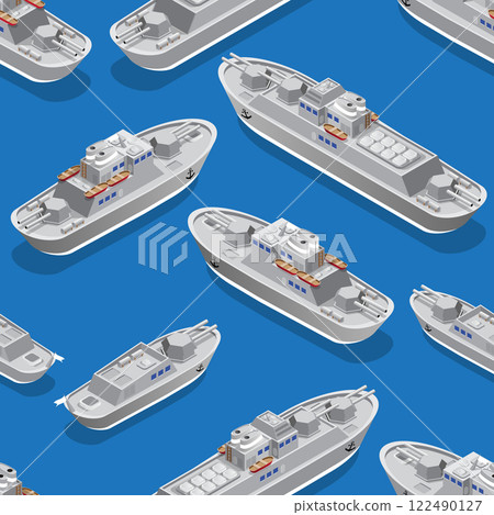 Seamless pattern. Isometric warships. Vector illustration. Seamless pattern. Isometric warships. Vector illustration. 122490127