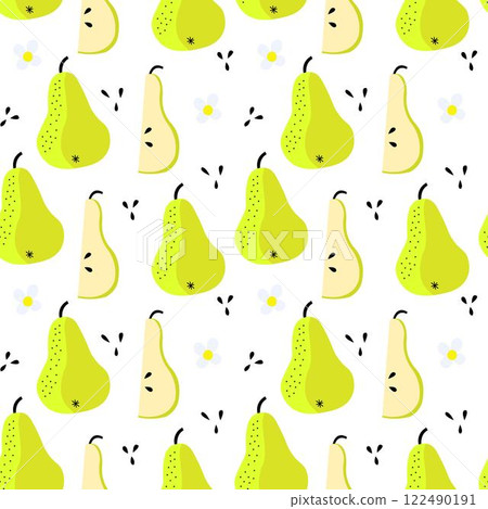 Doodle style seamless pattern with green fresh pears full and half. Doodle style seamless pattern with green fresh pears full and half. 122490191