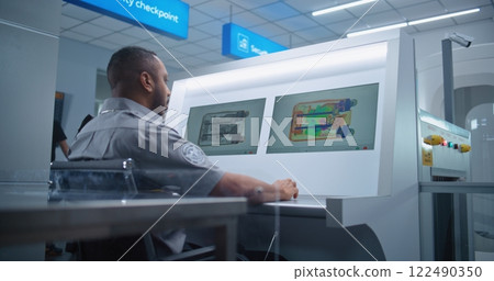 Security Officer Controls Luggage Screening on Computer Monitors Using Modern Program Security Officer Controls Luggage Screening on Computer Monitors Using Modern Program 122490350