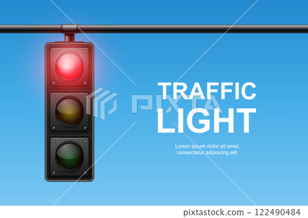 Vector Realistic Traffic Light with Red Light On. Pedestrian Signal in Focus. Traffic Light Illustration Against a Clear Blue Sky Background 122490484