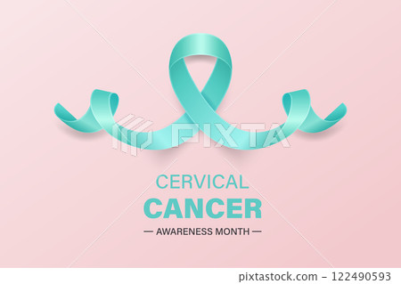 Minimalist Poster Banner with a Realistic Teal Ribbon Loop, Symbol of January Cervical Cancer Awareness Month. Women s Health, Cancer Awareness, Empowerment, Support Campaign. Vector Illustration 122490593