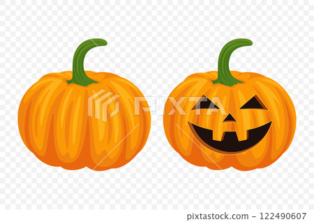 Vector Cartoon Pumpkins Collection with Carved Faces. Flat Colorful Pumpkin Stickers Set. Design Templates for Halloween, Fall, Harvest. Cute and Fun Simple Pumpkin Illustrations 122490607