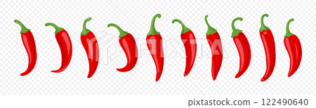 Cartoon Red Hot Chili Pepper Icon Set Closeup, Isolated. Hand Drawn Spicy Chili Pepper, Vector Illustration 122490640