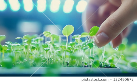 Female hands nurture microgreens with water droplets glistening under LED lights in a stylish kitchen setup, mini indoor farm concept 122490672