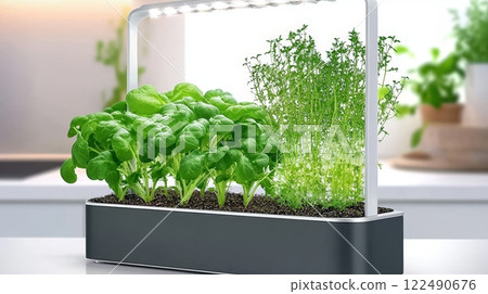 Hydroponic system on a countertop showcases fresh greens and herbs under soft lighting in a stylish kitchen, mini indoor farm concept Hydroponic system on a countertop showcases fresh greens and herbs under soft lighting in a stylish kitchen, mini indoor farm concept 122490676