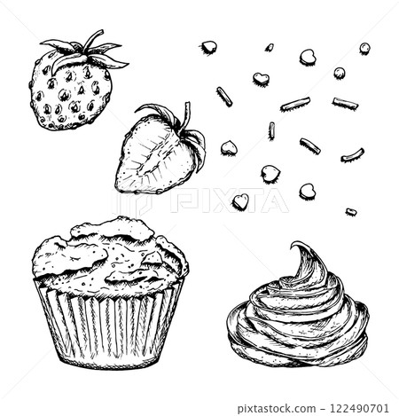 Set of hand drawn ink vector illustrations of a strawberry, muffin, whipped cream and sprinkles in the shape of hearts and stripes. Sketchy style dessert clipart for cafe menus, bakery prints 122490701