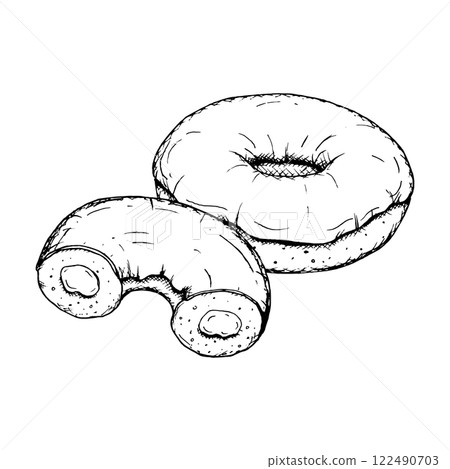 Hand drawn ink vector illustration of two classic donuts, one whole and one sliced. Sketchy style bakery clipart for cafe menus, confectionery packaging, sweet shop branding, pastry shop branding 122490703