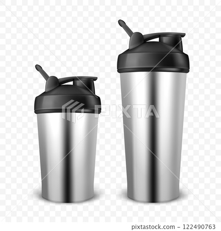 Vector Realistic 3D Steel Empty Glossy Metal Shaker Bottle With Black Cap for Fitness Sports Nutrition Supplement Workout Hydration Closeup Isolated. Packaging Mockup Design Template Vector Realistic 3D Steel Empty Glossy Metal Shaker Bottle With Black Cap for Fitness Sports Nutrition Supplement Workout Hydration Closeup Isolated. Packaging Mockup Design Template 122490763