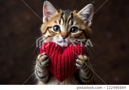 A Cute and Adorable Cat Holding a HeartShaped Toy in Its Paws, Spreading Joy and Love 122490864