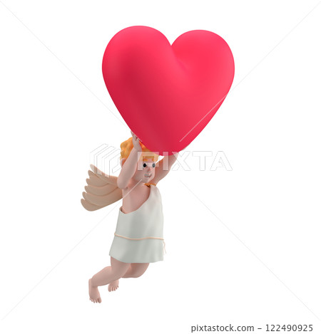 Cupid character with wings flying under big red heart and holding it, 3d render Cupid character with wings flying under big red heart and holding it, 3d render 122490925