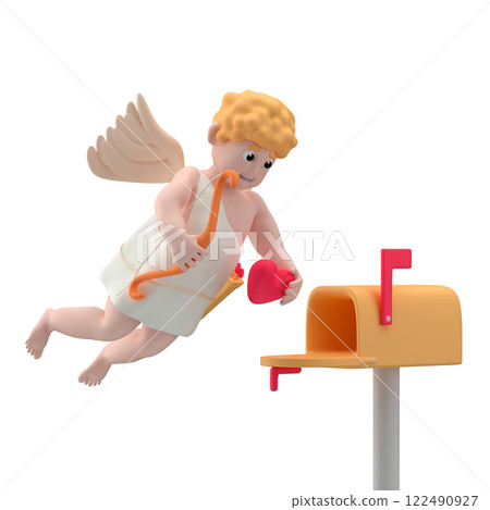Flying cupid character holding a bow in one hand and red heart in another delivering this heart in mailbox, 3d illustration 122490927