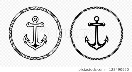 Black and White Anchor Icon Set. Flat Vector Monochrome Anchor Shapes in Circular Rope Frame. Nautical Anchor Symbols, Marine Rope Border Design. Vector Illustration 122490950