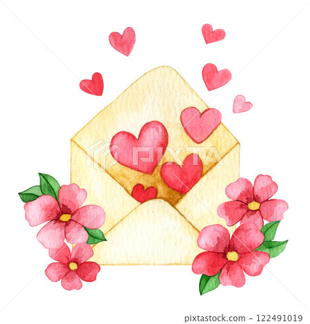 Valentine's day decoration, envelope with flowers and hearts, watercolor illustration Valentine's day decoration, envelope with flowers and hearts, watercolor illustration 122491019