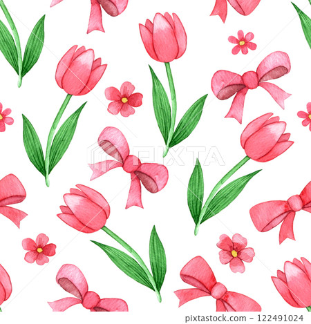 cute seamless pattern with pink bows and flowers. watercolor print for valentine's day, mother's day. cute seamless pattern with pink bows and flowers. watercolor print for valentine's day, mother's day. 122491024