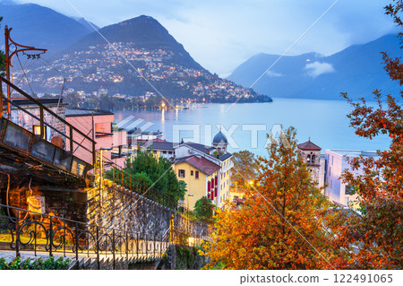 Lugano, Switzerland cityscape with Monte Bre on Lake Lugano 122491065
