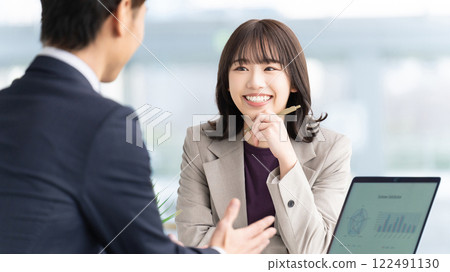 Two male and female businessmen making a meeting Two male and female businessmen making a meeting 122491130