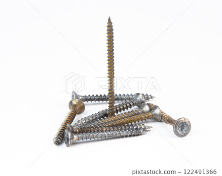 Assorted screws arranged in a random pile on a white surface Assorted screws arranged in a random pile on a white surface 122491366