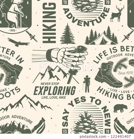 Hiking outdoor adventure seamless pattern with emblems, logos. Background, wallpaper, seamless pattern with human skeleton hand holding hiker pole, hiking boot, pine cone, hiker bear with backpack 122491407