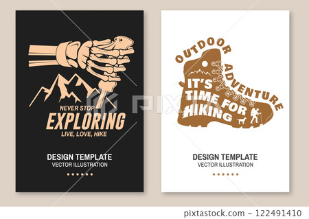 Set of hiking outdoor adventure flyer, poster, banner with human skeleton hand holding hiker pole, hiking boots, mountains. Vector Set of hiking outdoor adventure flyer, poster, banner with human skeleton hand holding hiker pole, hiking boots, mountains. Vector 122491410