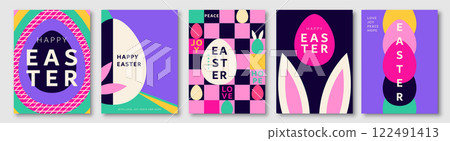 Happy Easter vector background set. Geometric cards, posters in modern minimal style with easter eggs and bunny ears. Creative color fun design for spring holiday 122491413