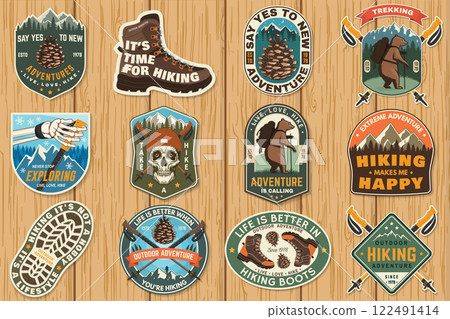 Set of hiking outdoor adventure emblems, patch. Hiking related typographic quote. Design with human skeleton hand holding hiker pole, hiking boot, pine cone, mountains. 122491414