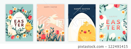 Happy easter vector background set. Spring greeting cards with easter bunny, eggs, chicken, flowers in modern cartoon style. Cute poster templates for packaging, decoration, social media post 122491415