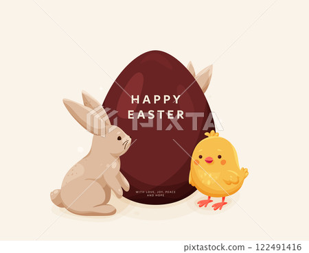 Happy easter vector background. Greeting card with chocolate egg, easter bunny, chicken, ears in modern cartoon style. Celebration typography for spring holiday Happy easter vector background. Greeting card with chocolate egg, easter bunny, chicken, ears in modern cartoon style. Celebration typography for spring holiday 122491416