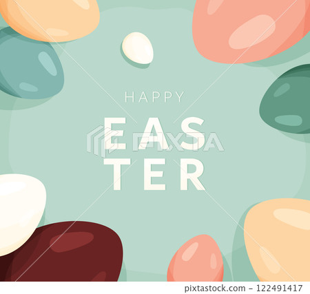 Happy Easter vector card background. Greeting pattern with color easter eggs in modern cartoon style. Typography text design. Cute creative holiday concept 122491417