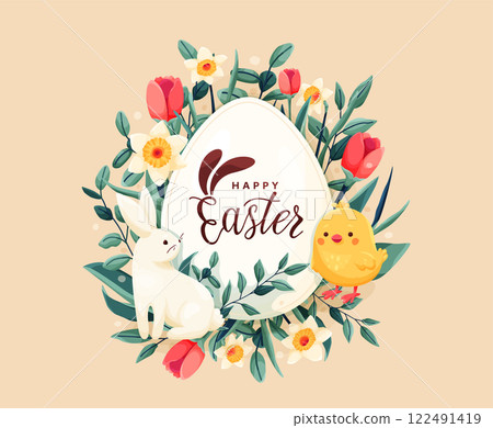 Happy Easter vector background. Greeting card with spring flowers, easter egg, bunny, chicken in modern cartoon style. Lettering text sign with bunny ears. Cute creative holiday concept 122491419