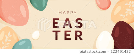 Happy Easter vector banner background. Greeting card with easter eggs, spring leaves silhouette, retro texture in modern cartoon style. Typography text design. Cute creative holiday concept Happy Easter vector banner background. Greeting card with easter eggs, spring leaves silhouette, retro texture in modern cartoon style. Typography text design. Cute creative holiday concept 122491422
