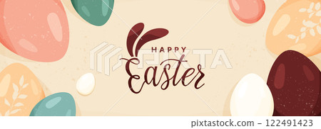 Happy Easter vector banner background. Greeting card with easter eggs, spring leaves silhouette in modern cartoon style. Lettering text sign with bunny ears. Cute creative holiday concept 122491423