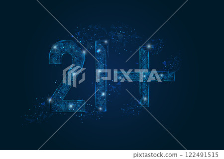 Abstract isolated blue image of 21 plus only censored. Polygonal low poly wireframe illustration looks like stars in the black night sky in space or flying glass shards. Abstract isolated blue image of 21 plus only censored. Polygonal low poly wireframe illustration looks like stars in the black night sky in space or flying glass shards. 122491515
