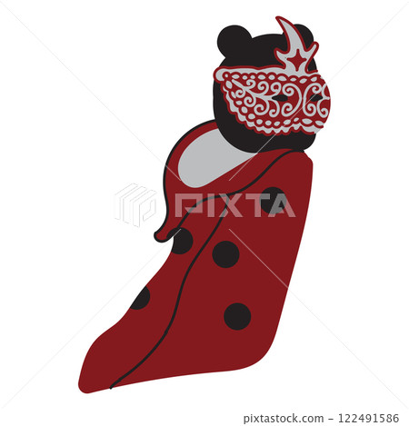 Ladybug in the form of an old graceful lady in a mask. A secret stranger in a ladybug costume runs away from a party. Vector illustration isolated on white background. 122491586
