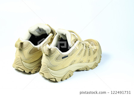 Pair of hiking shoes, waterproof winter trekking shoe isolate on white background. 122491731
