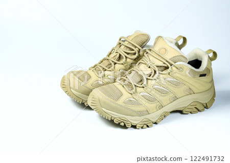 Pair of hiking shoes, waterproof winter trekking shoe isolate on white background. 122491732